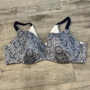 Cacique Lane Bryant Bra 46D Balconette Lightly Lined White & Blue Batik‎ Pattern